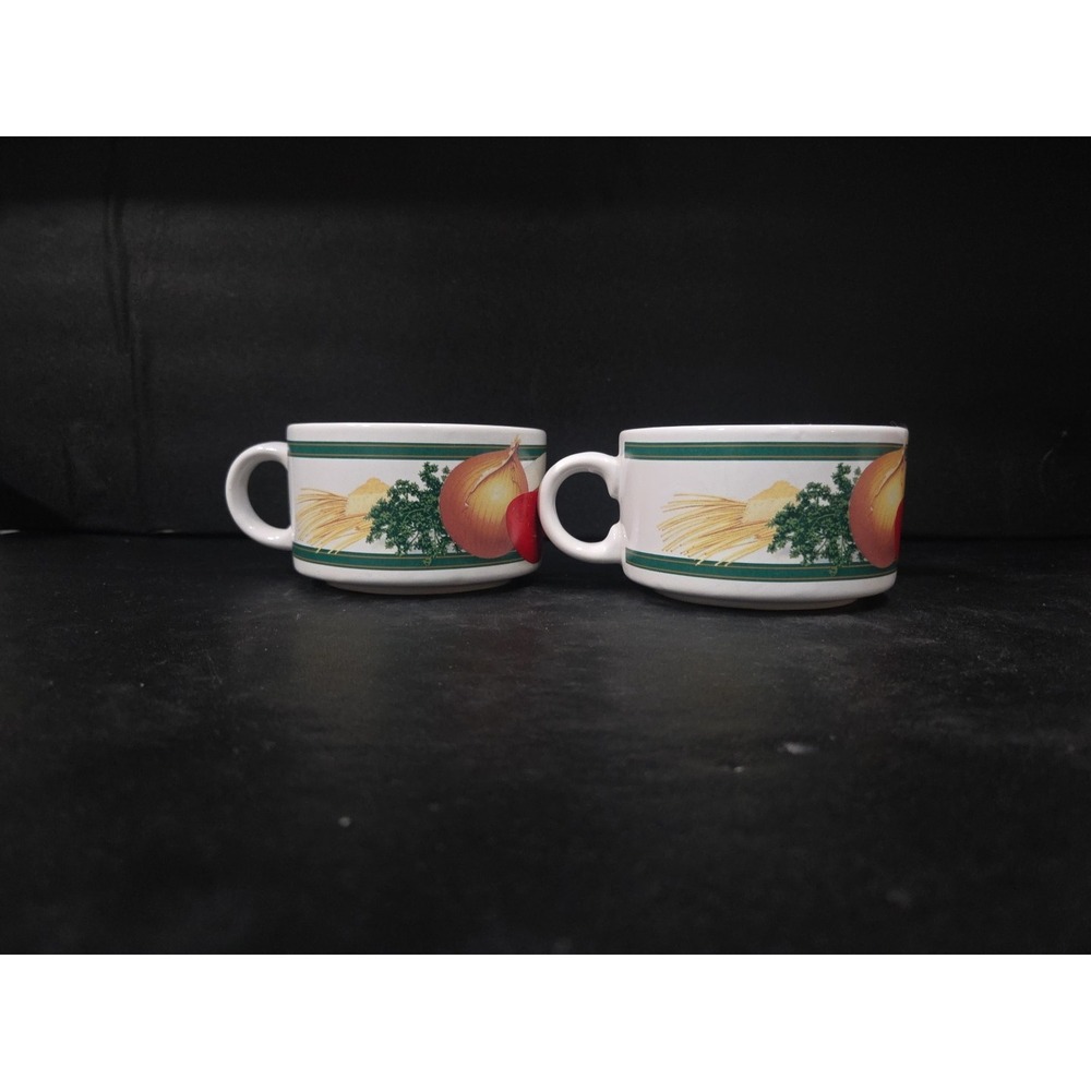 Hickory Farms Vintage Rustic Soup Cup Mug, Tomato Onion Garlic Pattern, Set of 2